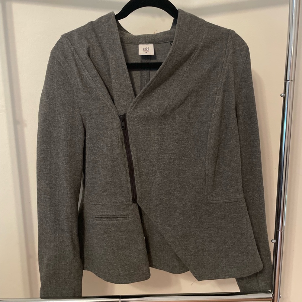 CAbi Gray Asymmetrical Zip Blazer with Modern Design